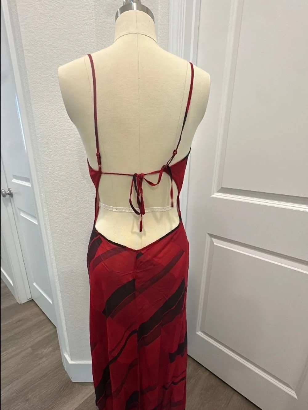 Red Satin Slip Dress with Abstract Black Stripe Detail Victoria secret silk dres - Picture 4 of 5